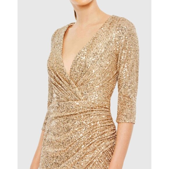 Mac Duggal Size 2 Gold SEQUINED DRAPED 3/4 SLEEVE Formal GOWN Dress New Prom - Picture 2 of 10